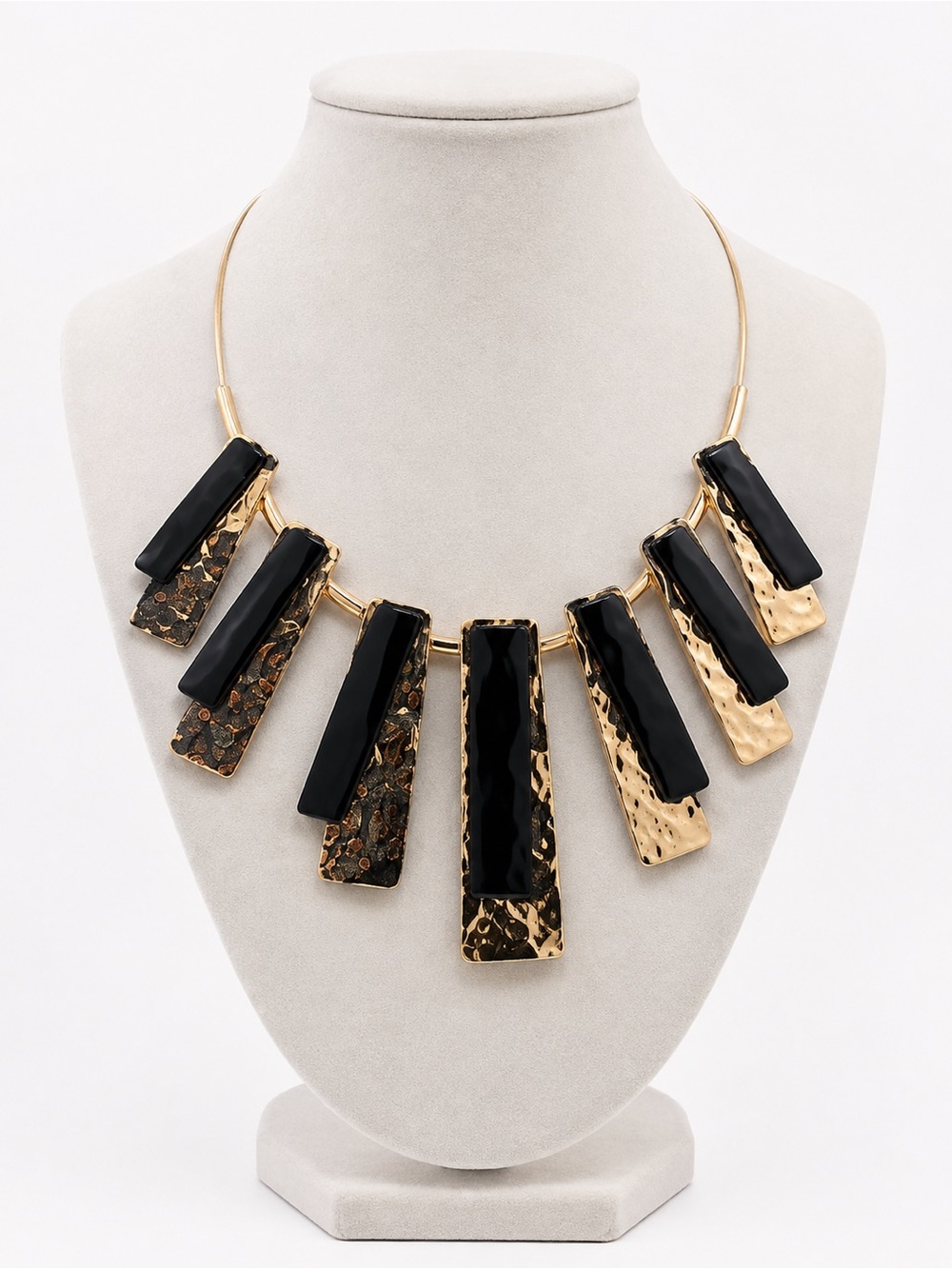 Gold and Black Statement Necklace - Modern Geometric Bib